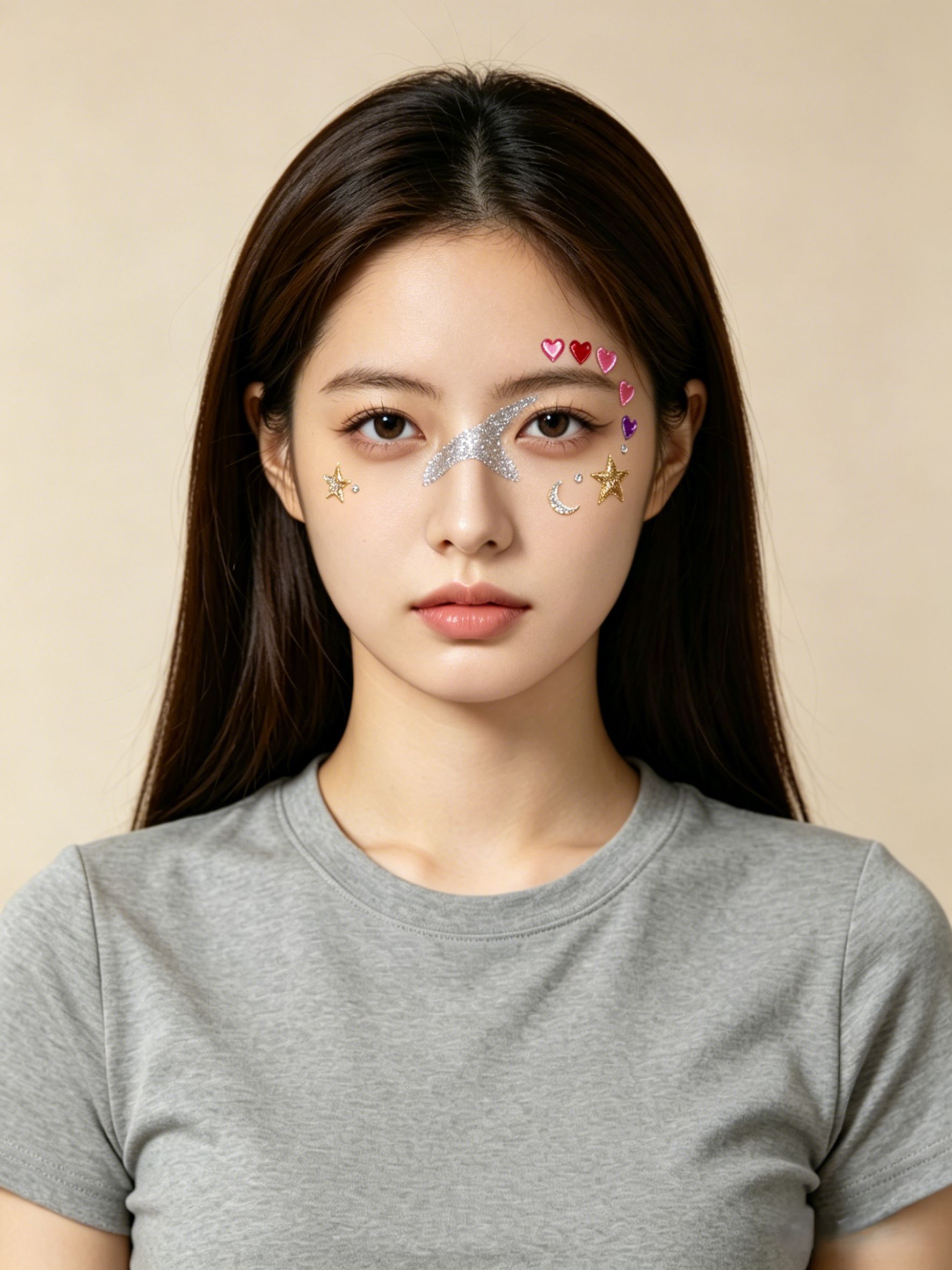 Plain-background reference + sticker makeup style — merged with consistent features and crisp decorative details.