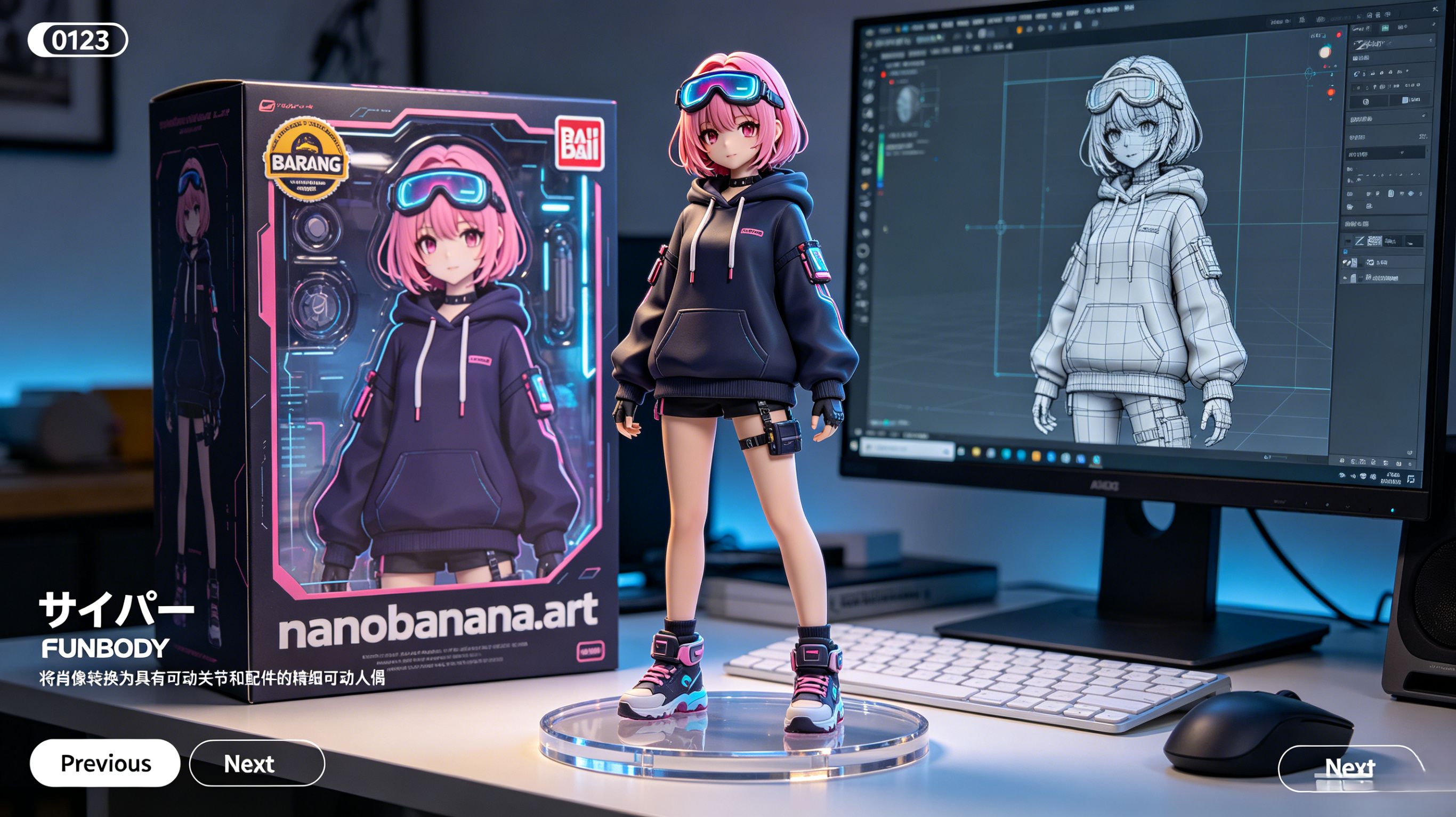 Pink cyber-style portrait → action figure with packaging, clear base, and modeling screen.