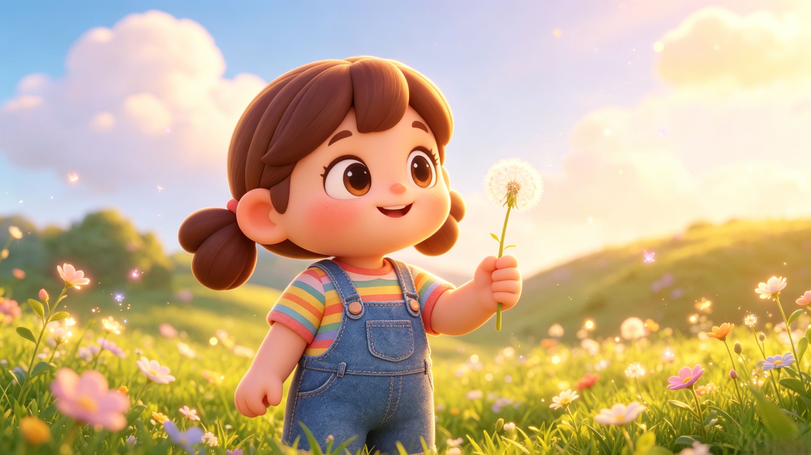 Real flower-field photo → Pixar 3D style with pigtails and dandelion scene preserved.