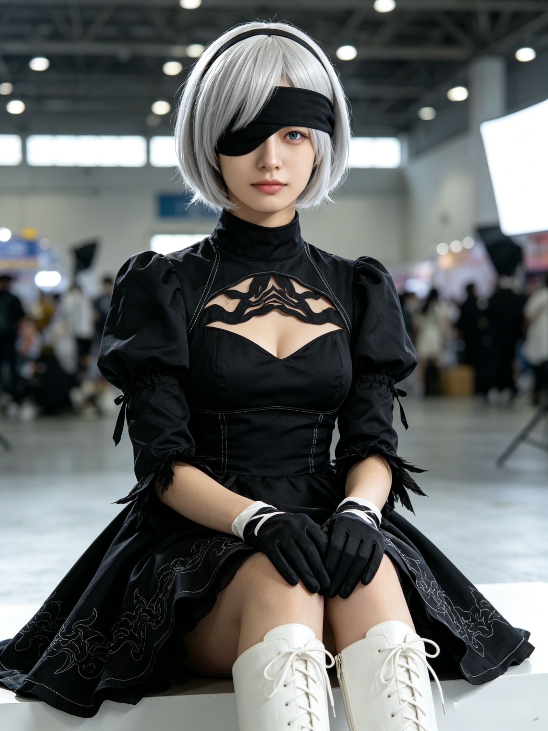 Casual portrait → NieR 2B cosplay photo with accurate costume and eyepatch details.