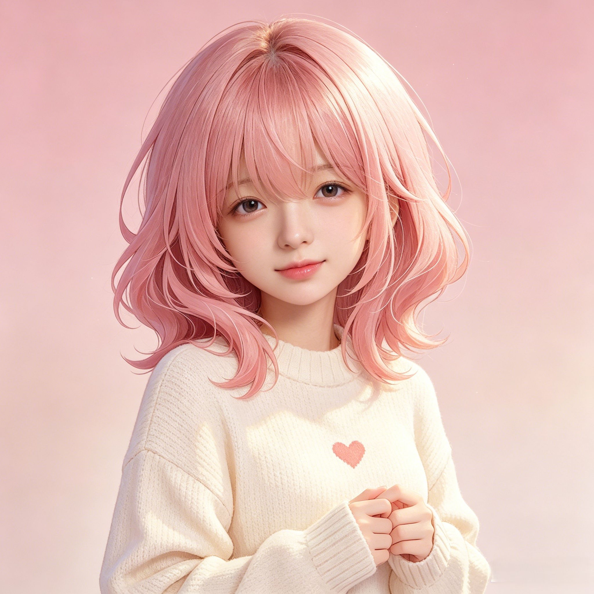 Pink-haired anime girl → realistic portrait with matching hairstyle and sweater style.