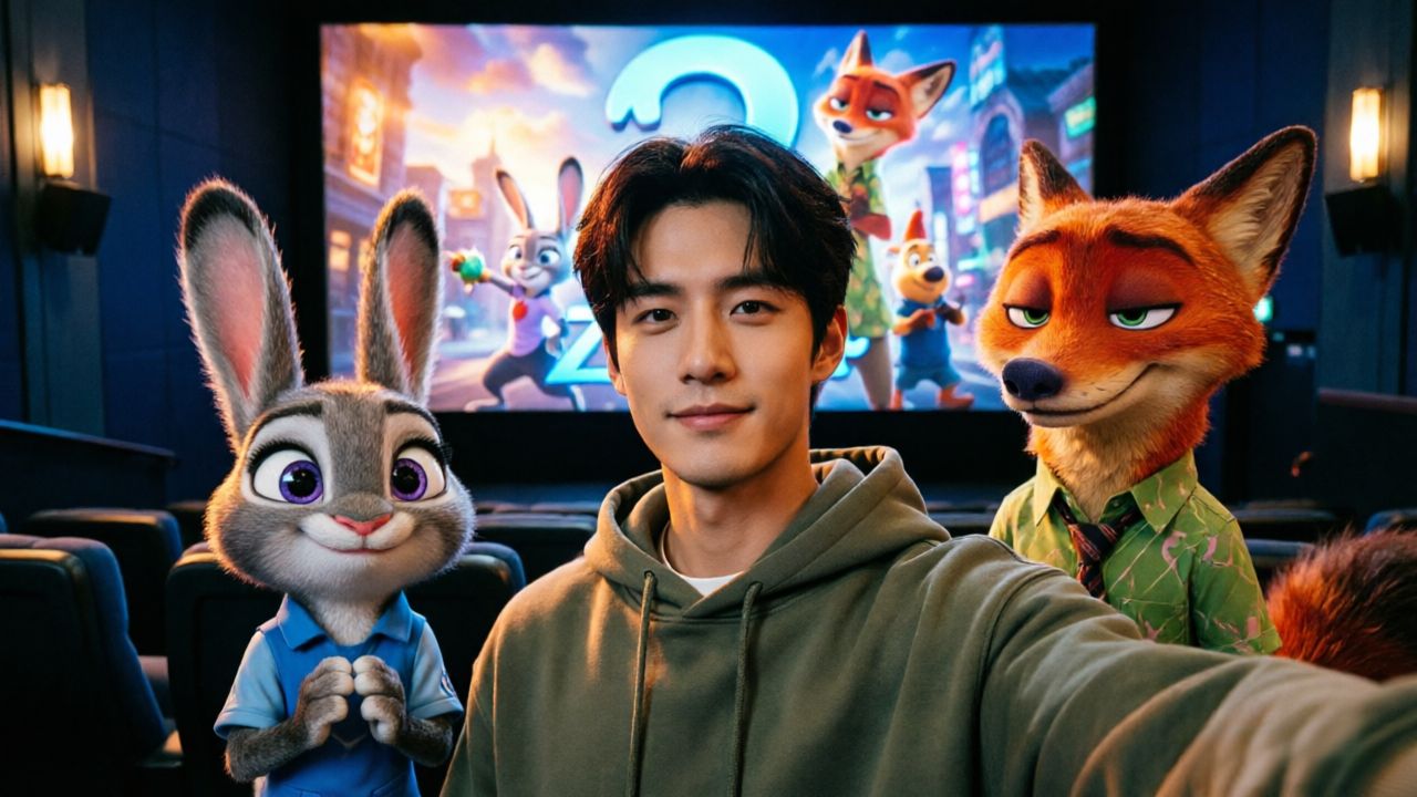Casual selfie → fun cinema photo with Judy and Nick from Zootopia.