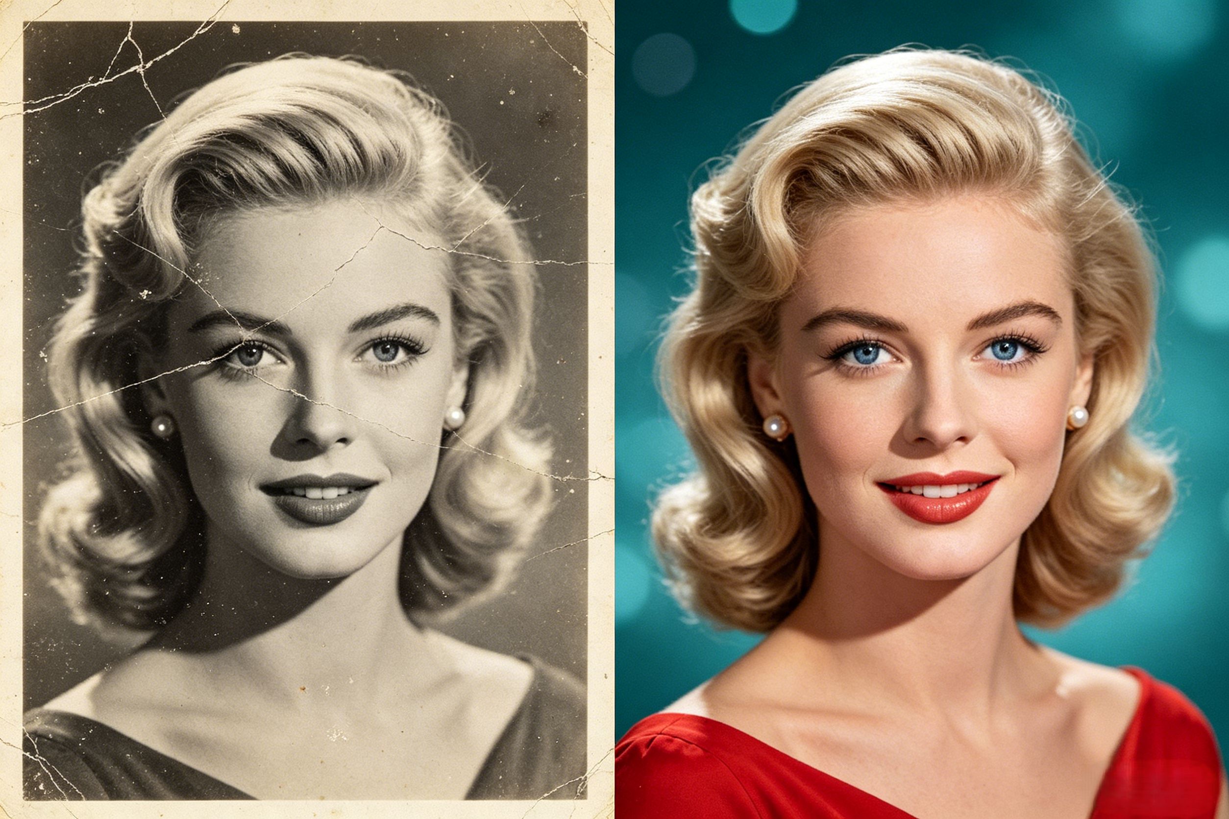 Yellowed damaged old photo → cracks removed, natural colorization, HD restoration.