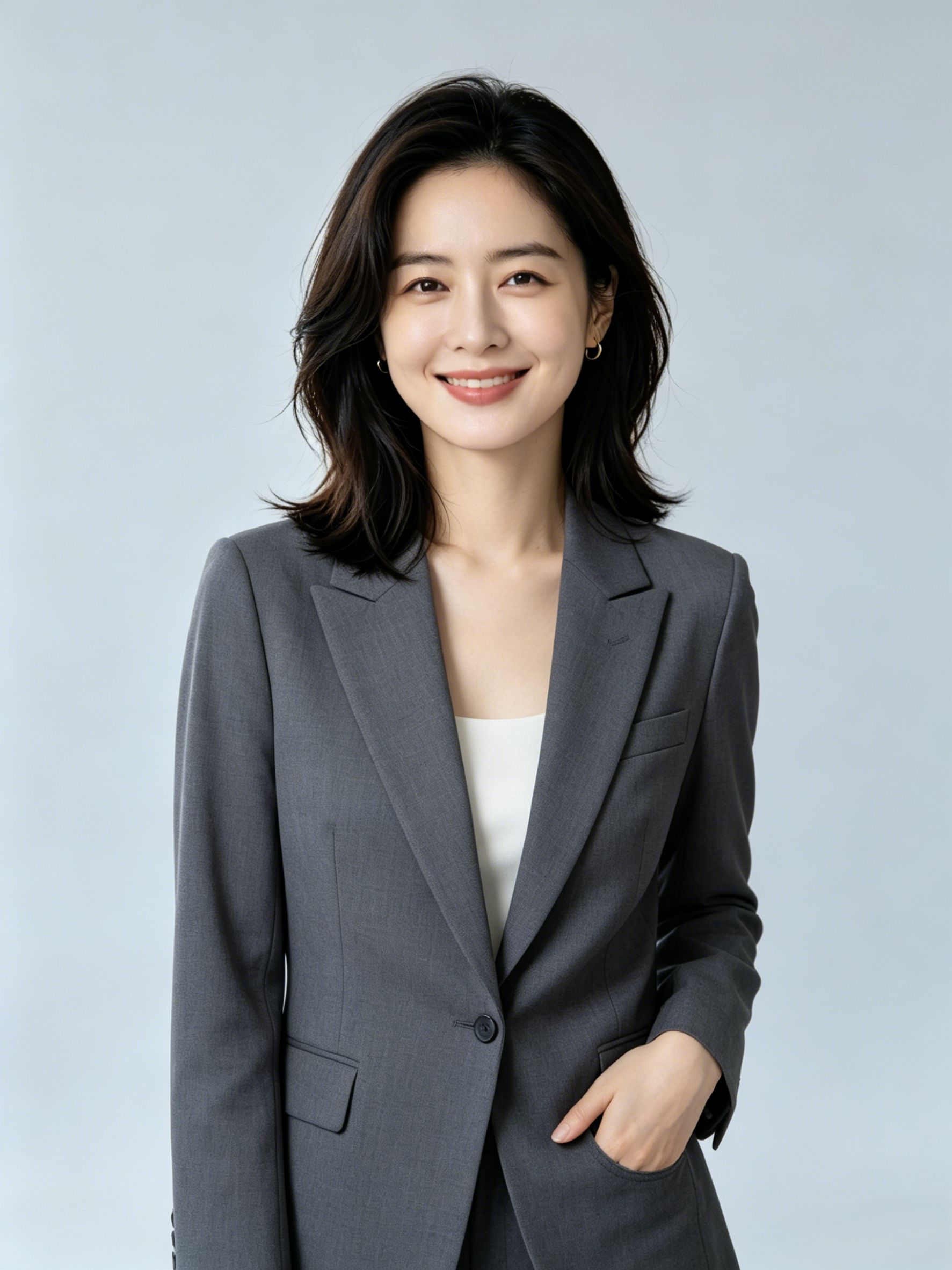 Casual home outfit → dark suit business headshot with natural professional expression.