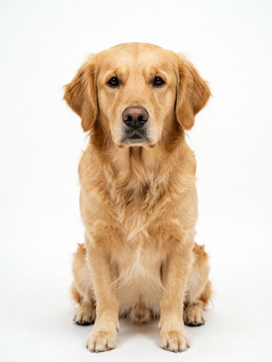Home golden retriever photo → standard white-background pet ID photo.