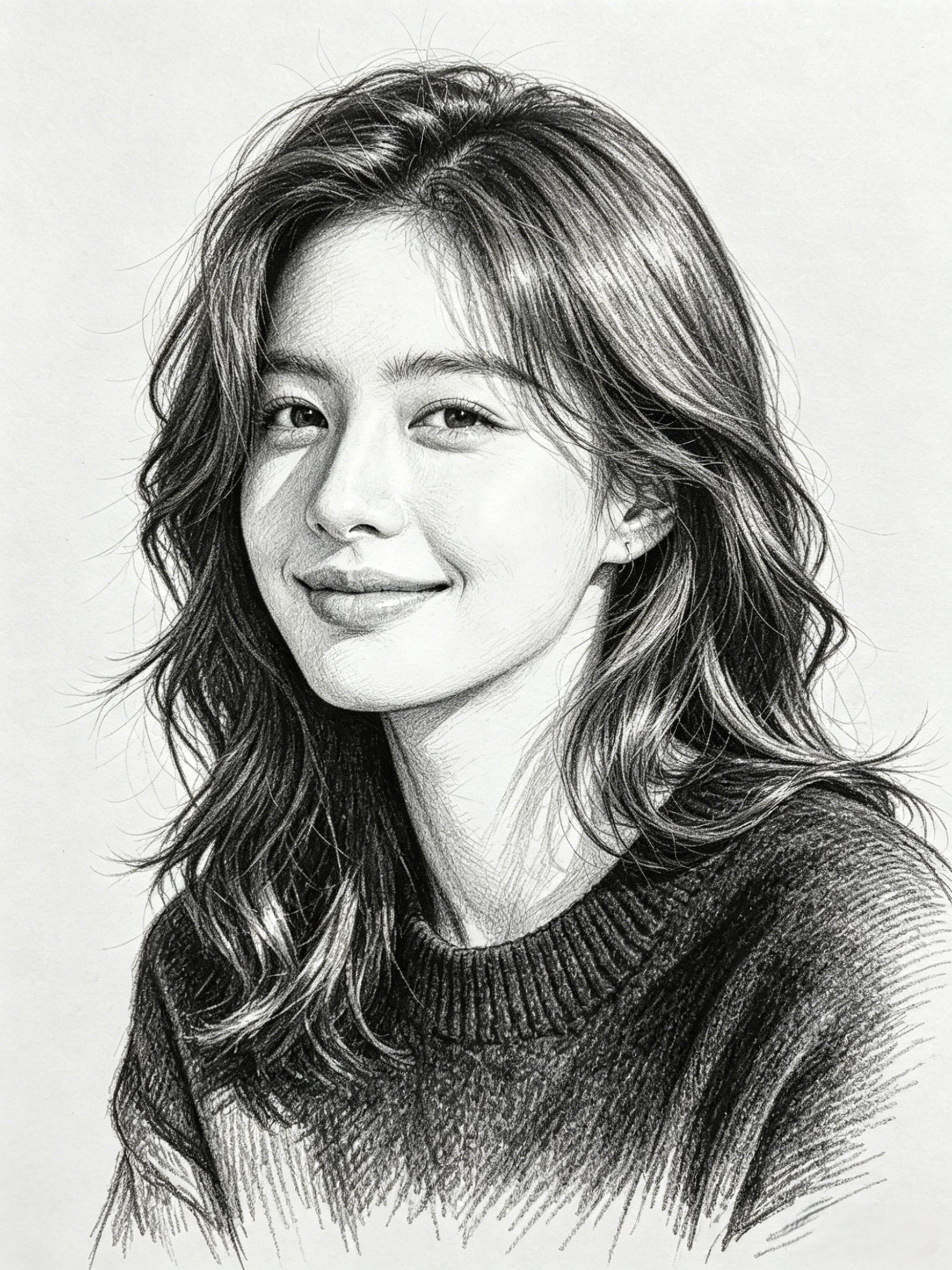 Black sweater wavy-hair portrait → detailed pencil sketch with rich tonal depth.