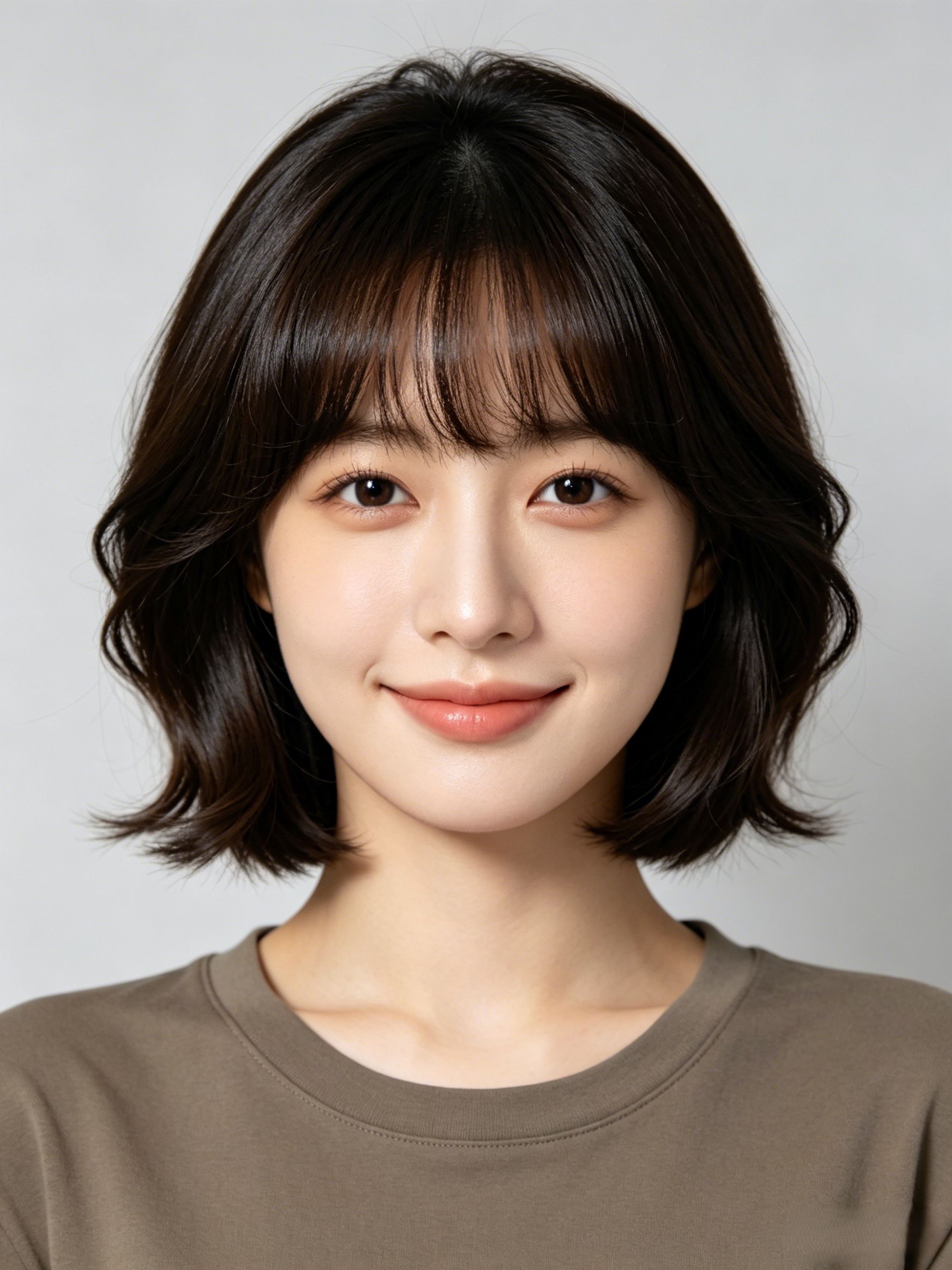Straight long hair → air-bang collarbone bob, facial features unchanged.