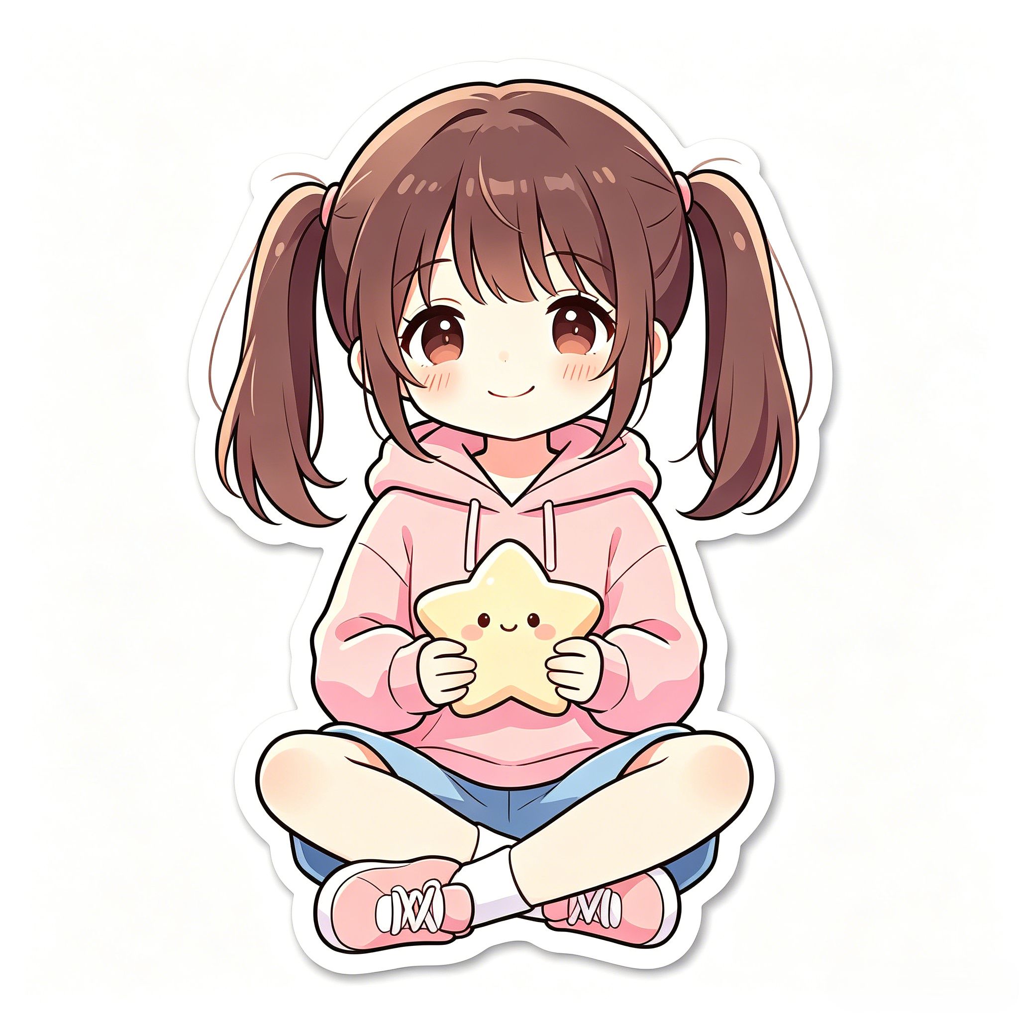 Anime girl with star plush → cute white-border transparent sticker.