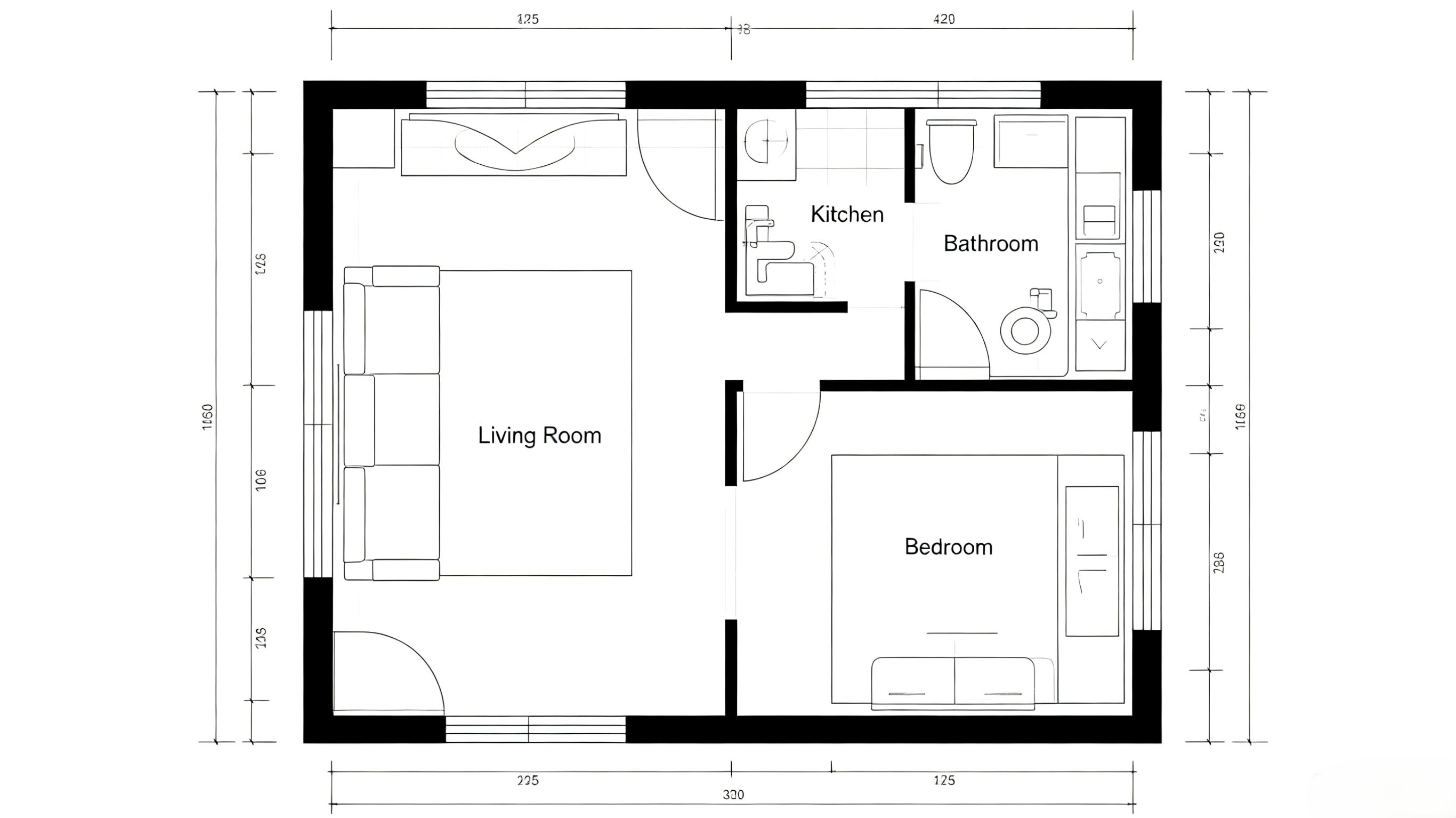 Modern one-bedroom B&W floor plan with clear living, bedroom, kitchen, and bathroom zones.