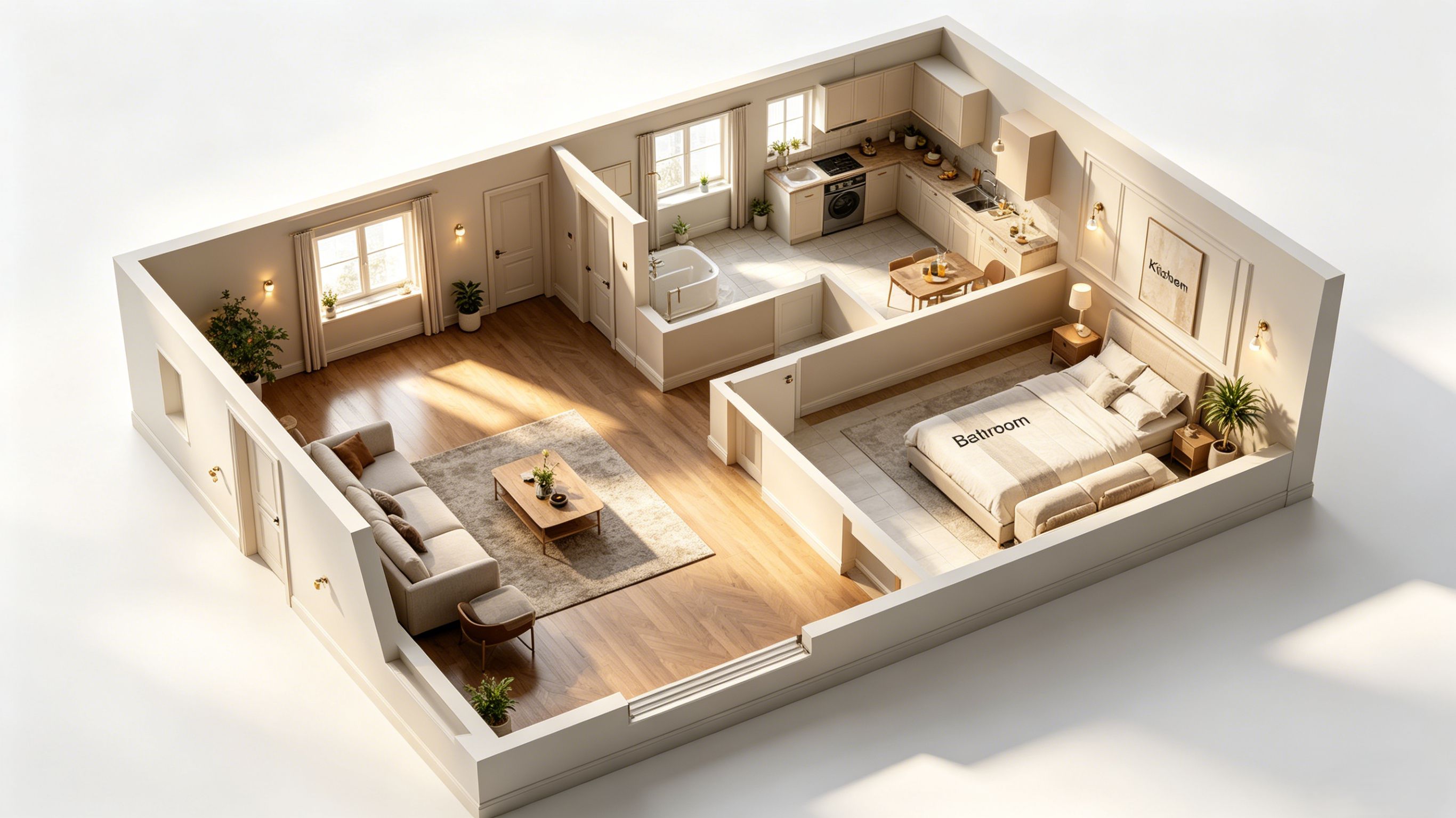 2D floor plan → 3D isometric interior cutaway with natural lighting.