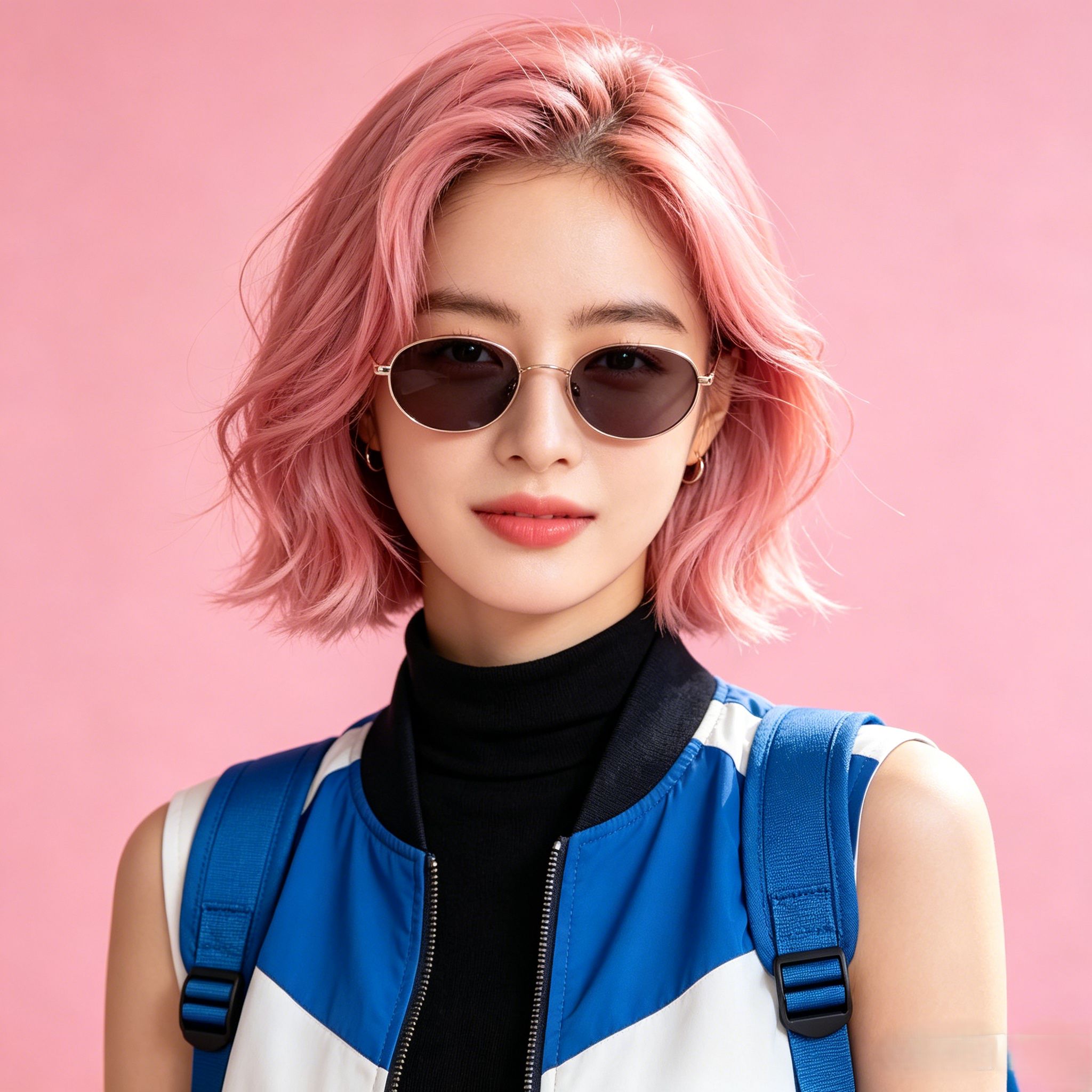 Beige V-neck casual photo → pink bob trendy social avatar.