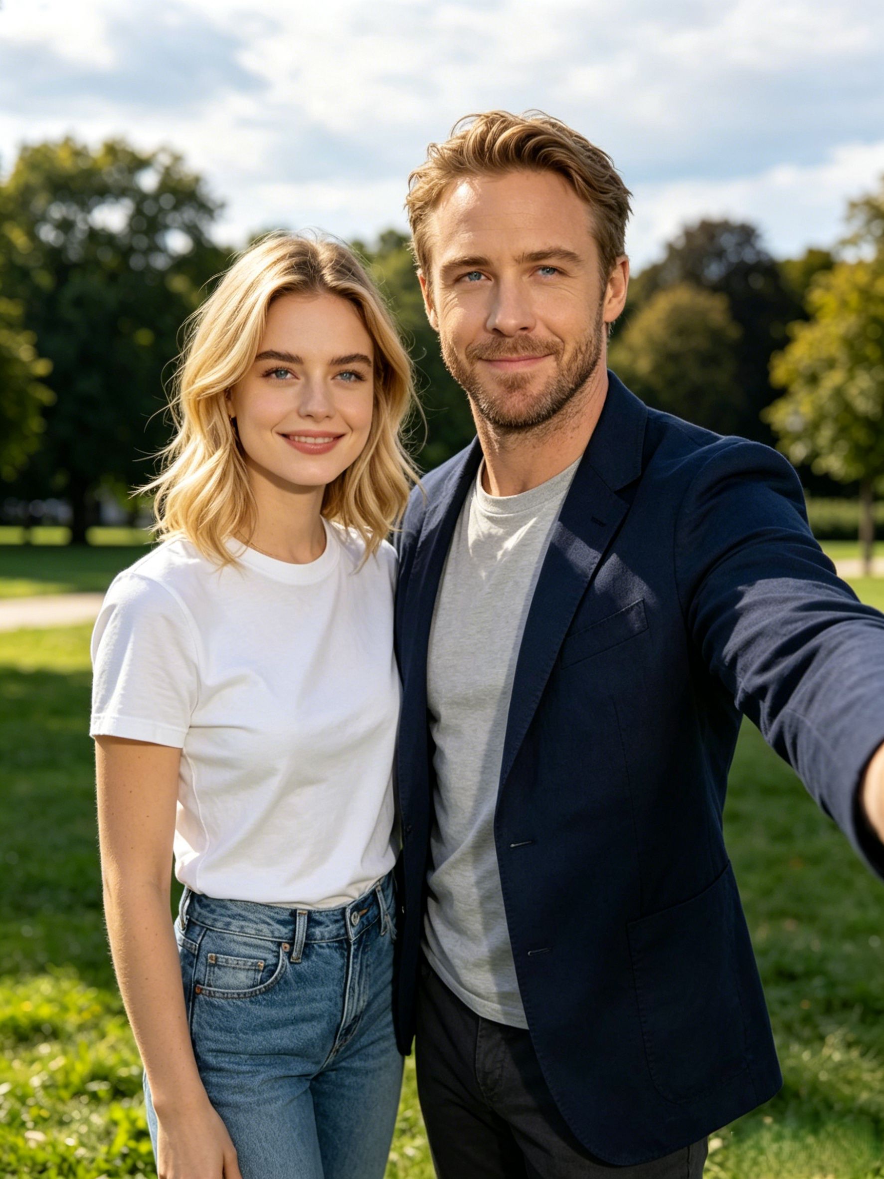 Park casual photo → natural intimate selfie with man, unified lighting.