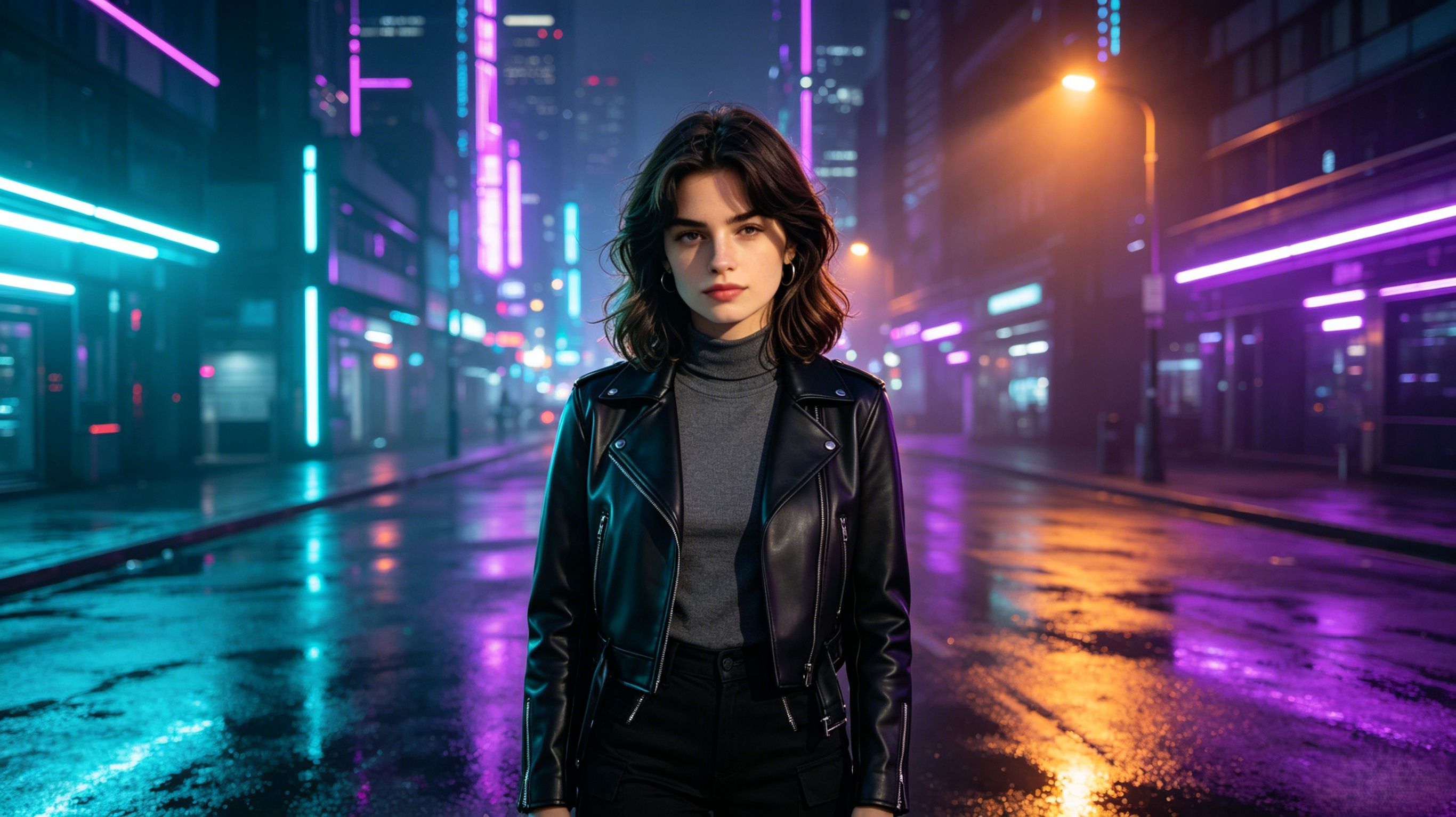 Dusk street casual photo → cyberpunk neon night portrait with background and outfit reshaped.