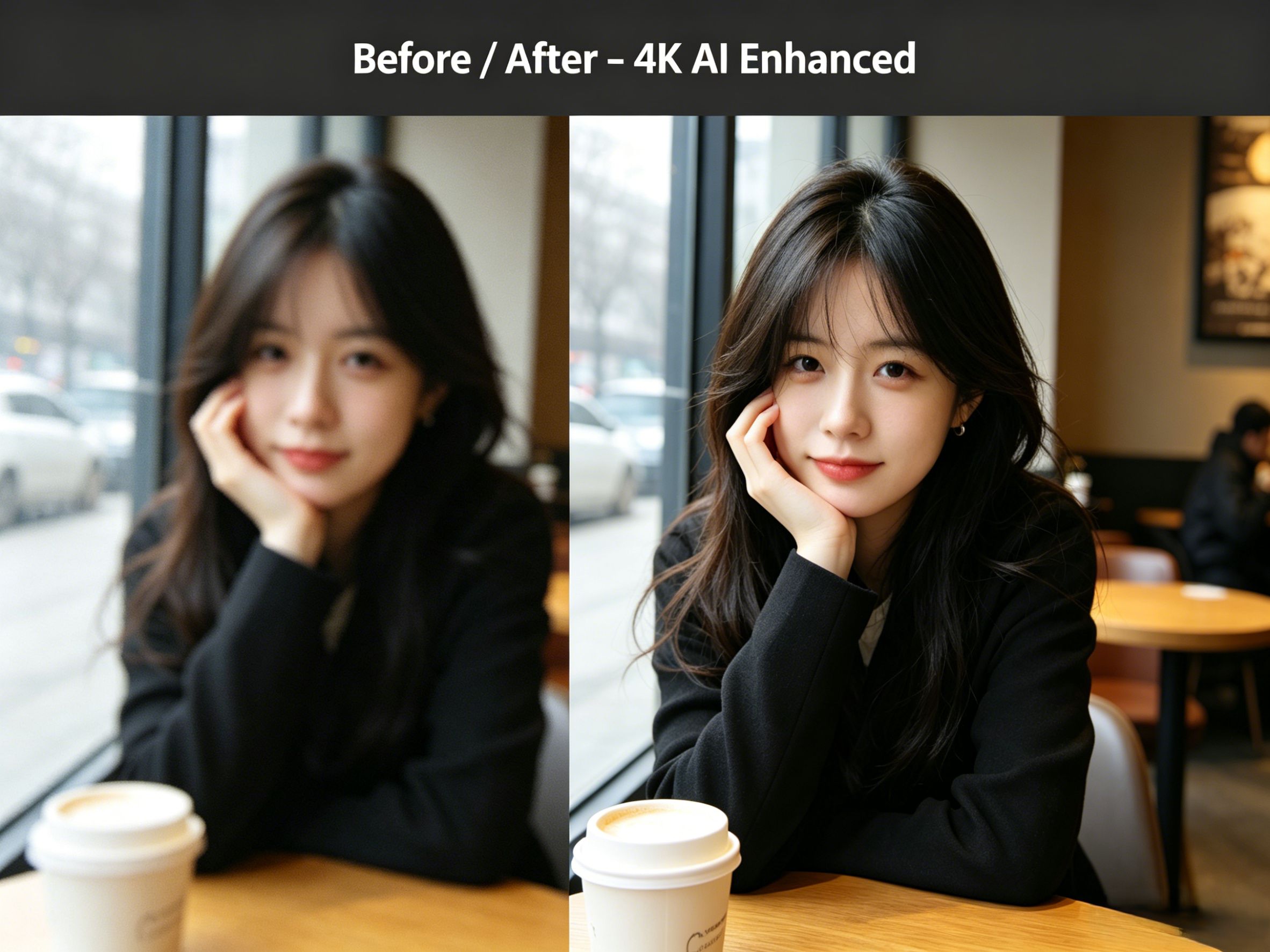 Blurry noisy café portrait → 4K AI enhancement with denoise, sharpen, and full color upgrade.